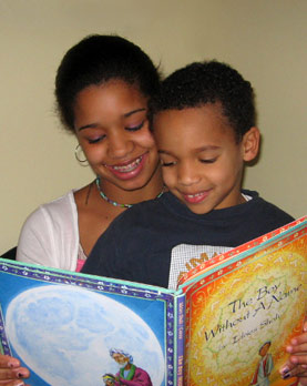 Mother son reading together